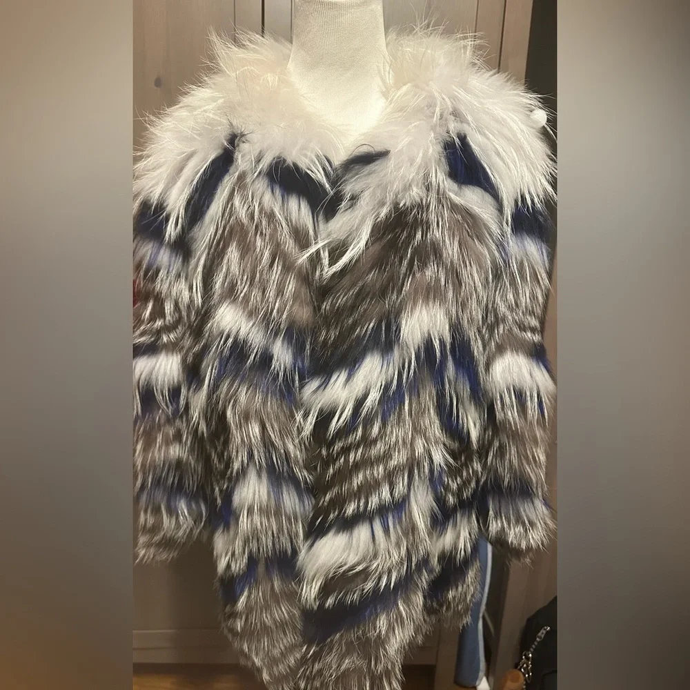 Grey & Multicolor Yves Salomon raccoon /Fox Fur Jacket Size EU 40 /US 10